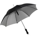 Automatic polyester (210T) umbrella with eight panels. Silver coloured underside. Metal frame and foam handle. Push button close 4096