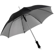 Automatic polyester (210T) umbrella with eight panels. Silver coloured underside. Metal frame and foam handle. Push button close 4096